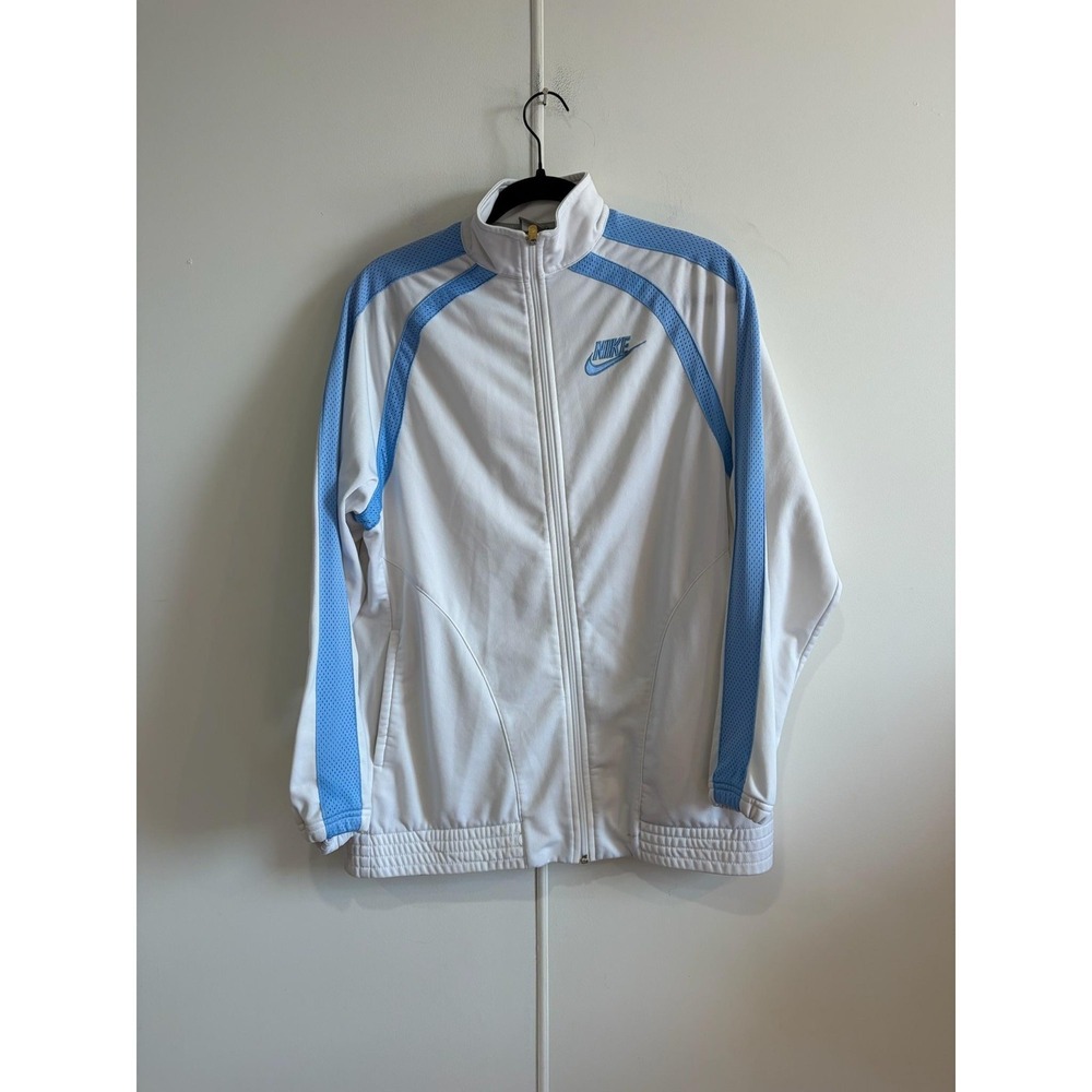Vintage Nike Track Jacket Womens Medium White Blue Zip Training Athletic Y2K